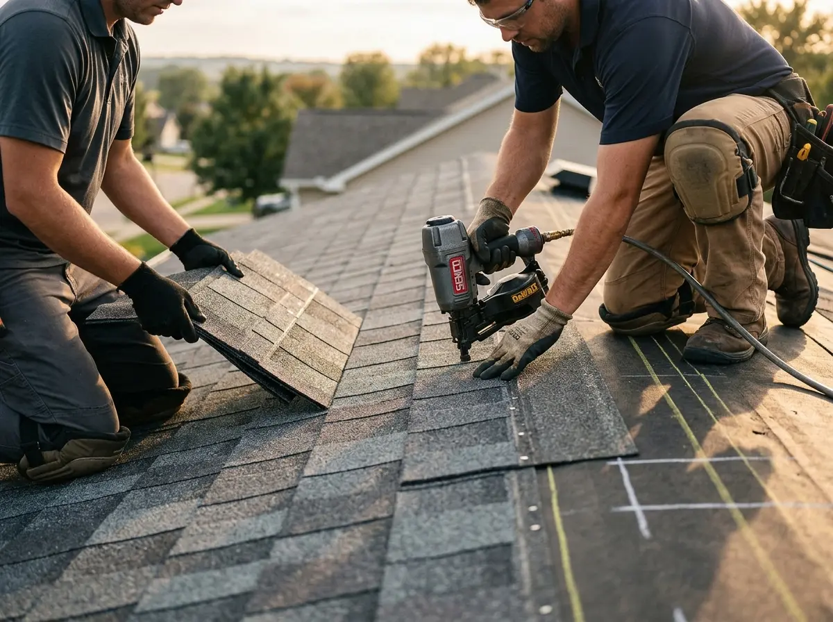Professional roofer working on a residential roof in Findlay